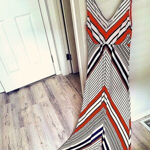 Love Tree - Deep V-neck Striped Dress (Women’s Medium) Navy and Orange